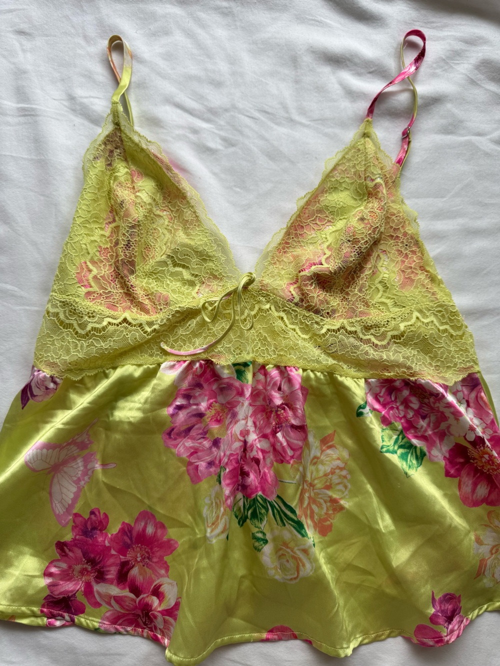 Victoria's Secret Yellow Satin Slip with Pink Floral Lace